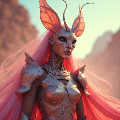 The primary subject of the image is a woman wearing a unique and intricate costume. She is dressed in a silver outfit with a headpiece that features horns and a butterfly design. The setting is a rocky landscape, which serves as the backdrop for the scene. The visual style of the image is a combination of digital art and illustration, creating a striking and imaginative portrait of the woman. The colors and mood of the image are predominantly silver and pink, giving the scene a